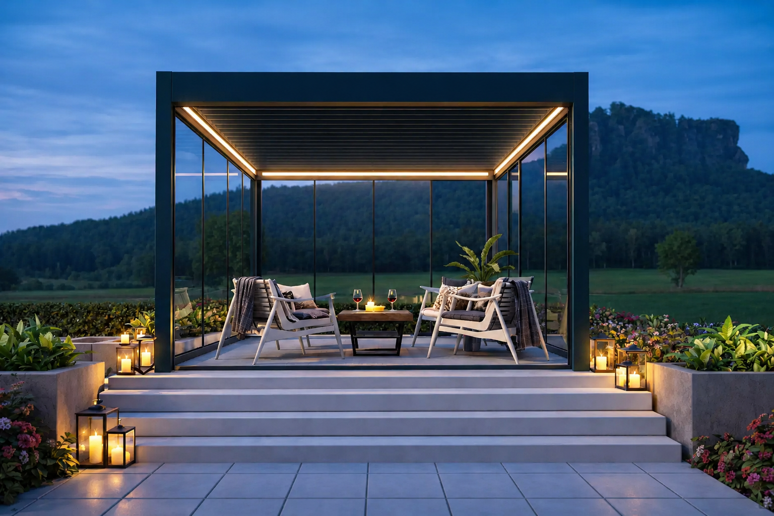 Sfeerbeeld aluminium veranda met tuinkamer (illustratie AluSolutions)