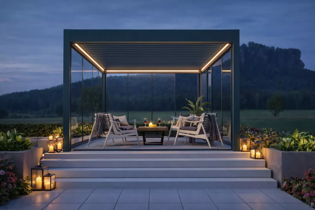 Moderne cube veranda met plat dak en buitenkeuken van AluSolutions