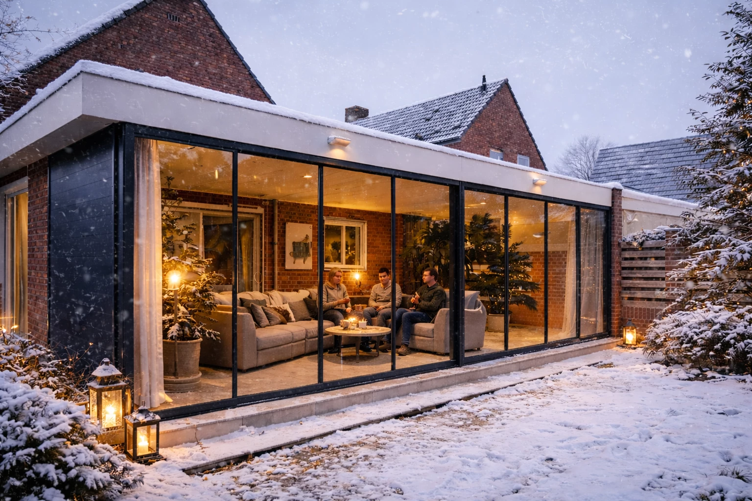 Glazen schuifwanden gesloten in de winter, tuinkamer van AluSolutions