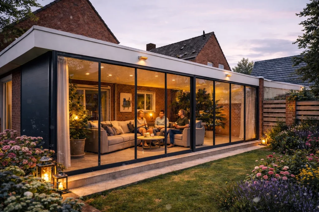 Glazen schuifwanden open in de zomer, veranda van AluSolutions