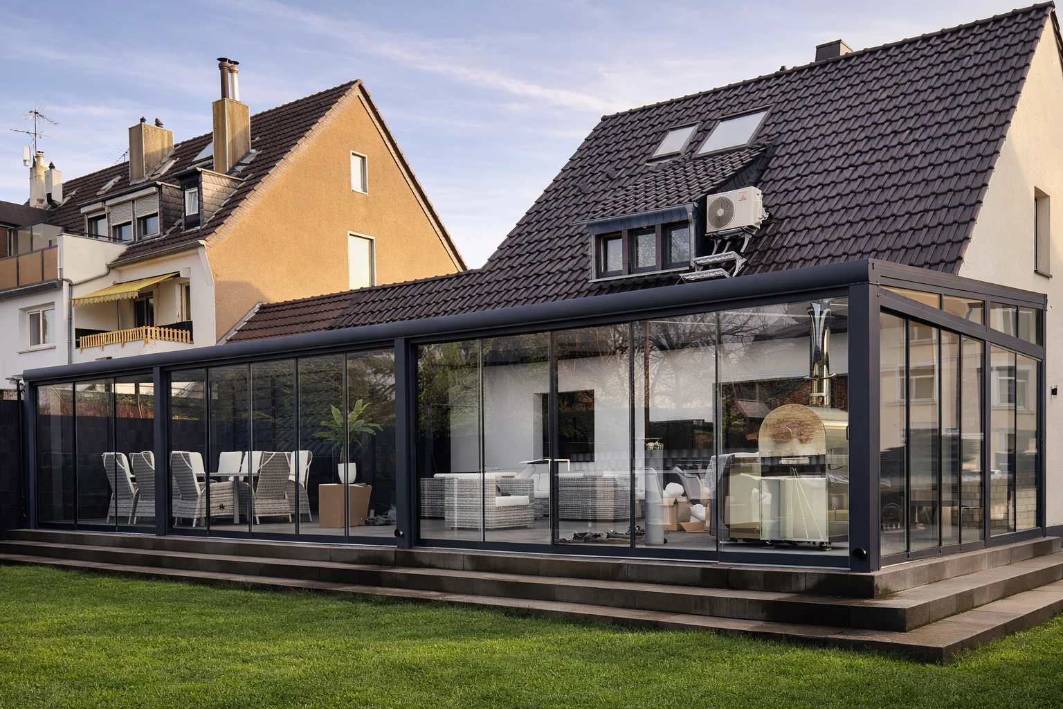 Grote tuinkamer met glazen schuifwanden geplaatst door AluSolutions