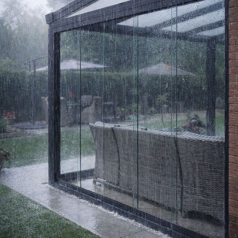 veranda met glazen schuifwanden die regen buiten houdt