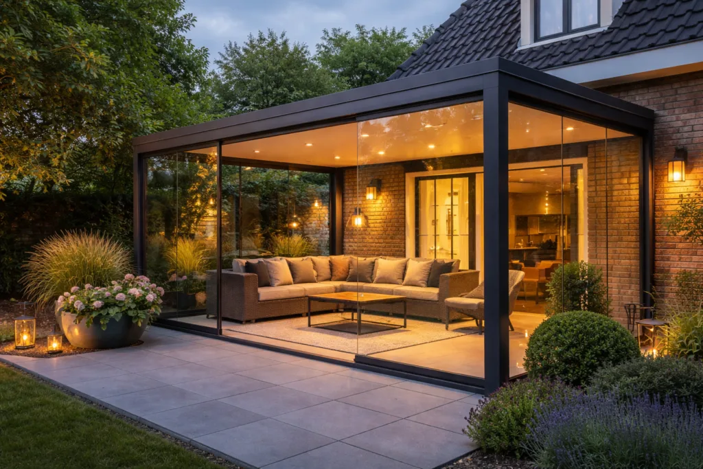 Een 4-seizoenen veranda met glazen schuifwand geïnstalleerd door Alu Solutions