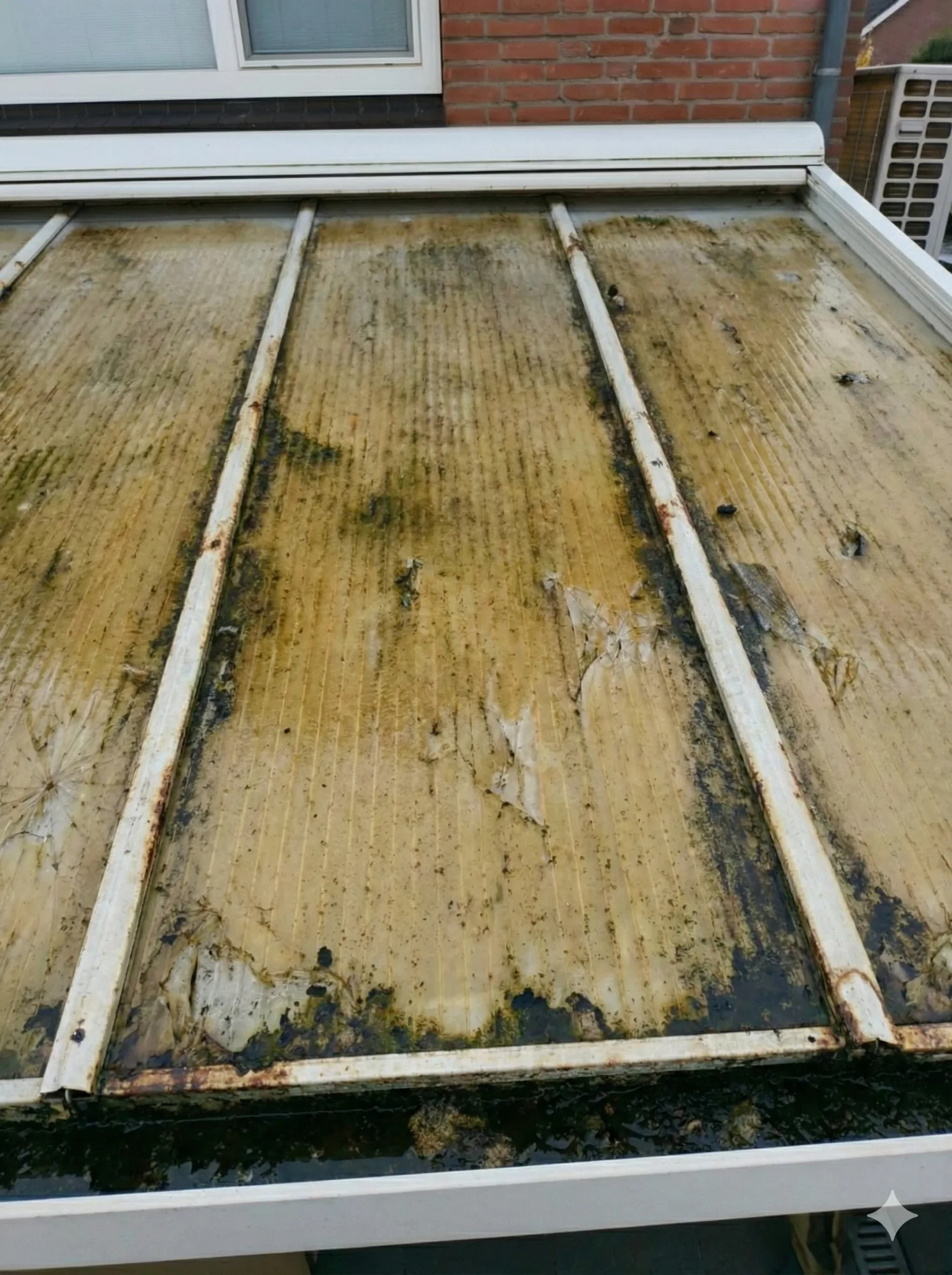 Oude vervuilde polycarbonaat dakplaten voor vervanging door AluSolutions