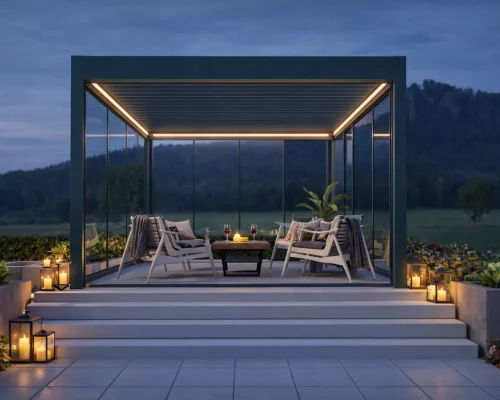 Moderne cube veranda met plat dak en buitenkeuken van AluSolutions